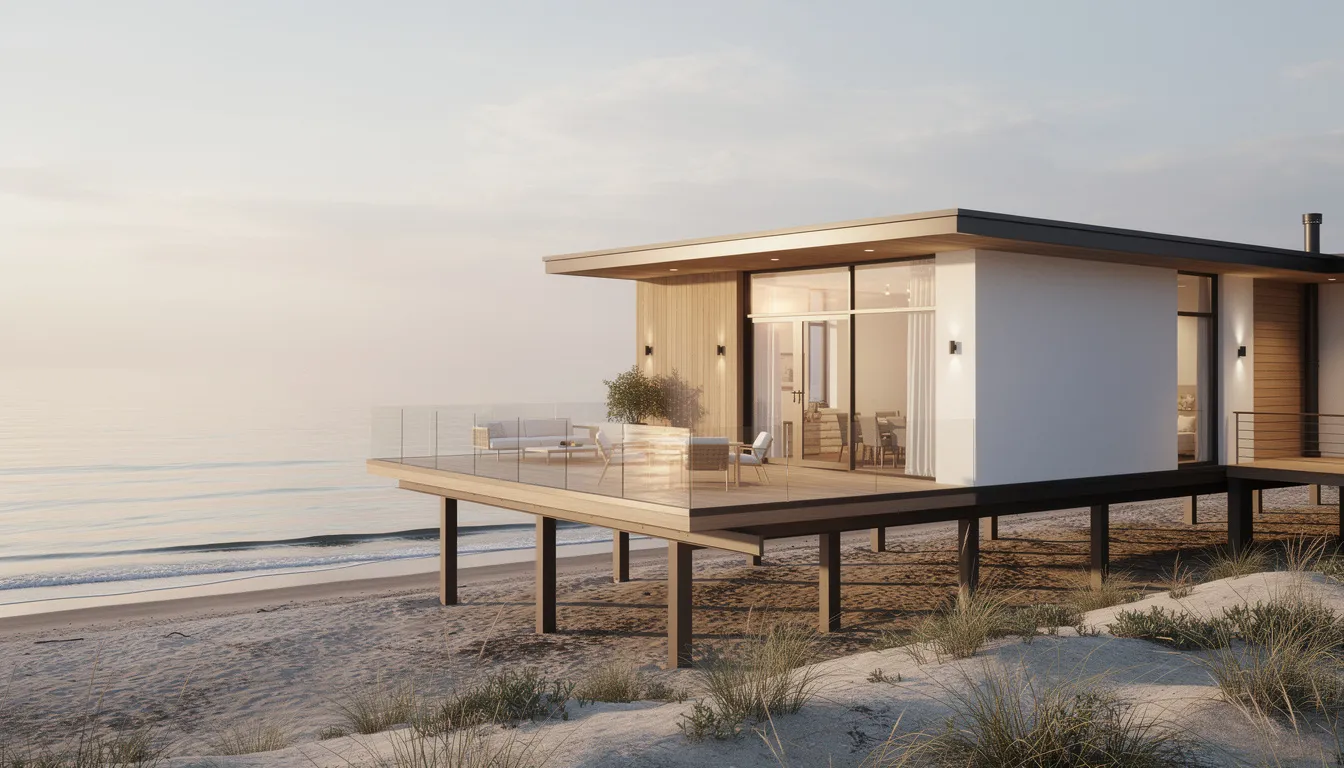 This image features an elevated coastal home with modern design elements, including a spacious deck that offers stunning views of the water, ideal for enjoying the luxury lifestyle in coastal communities along the Connecticut shoreline. The property reflects exceptional quality and craftsmanship, making it a dream home for those seeking a waterfront property.