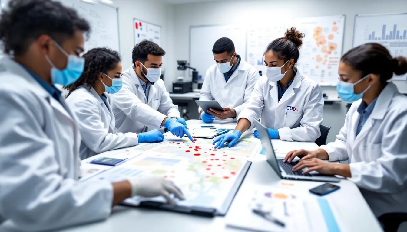 The image depicts CDC epidemiologists actively engaged in disease surveillance and outbreak investigation, highlighting the efforts of public health officials in New York City to manage the greatest public health crisis. The scene emphasizes teamwork and dedication to pandemic prevention and disease control, showcasing the critical role of experts like Jay Varma in protecting public health.