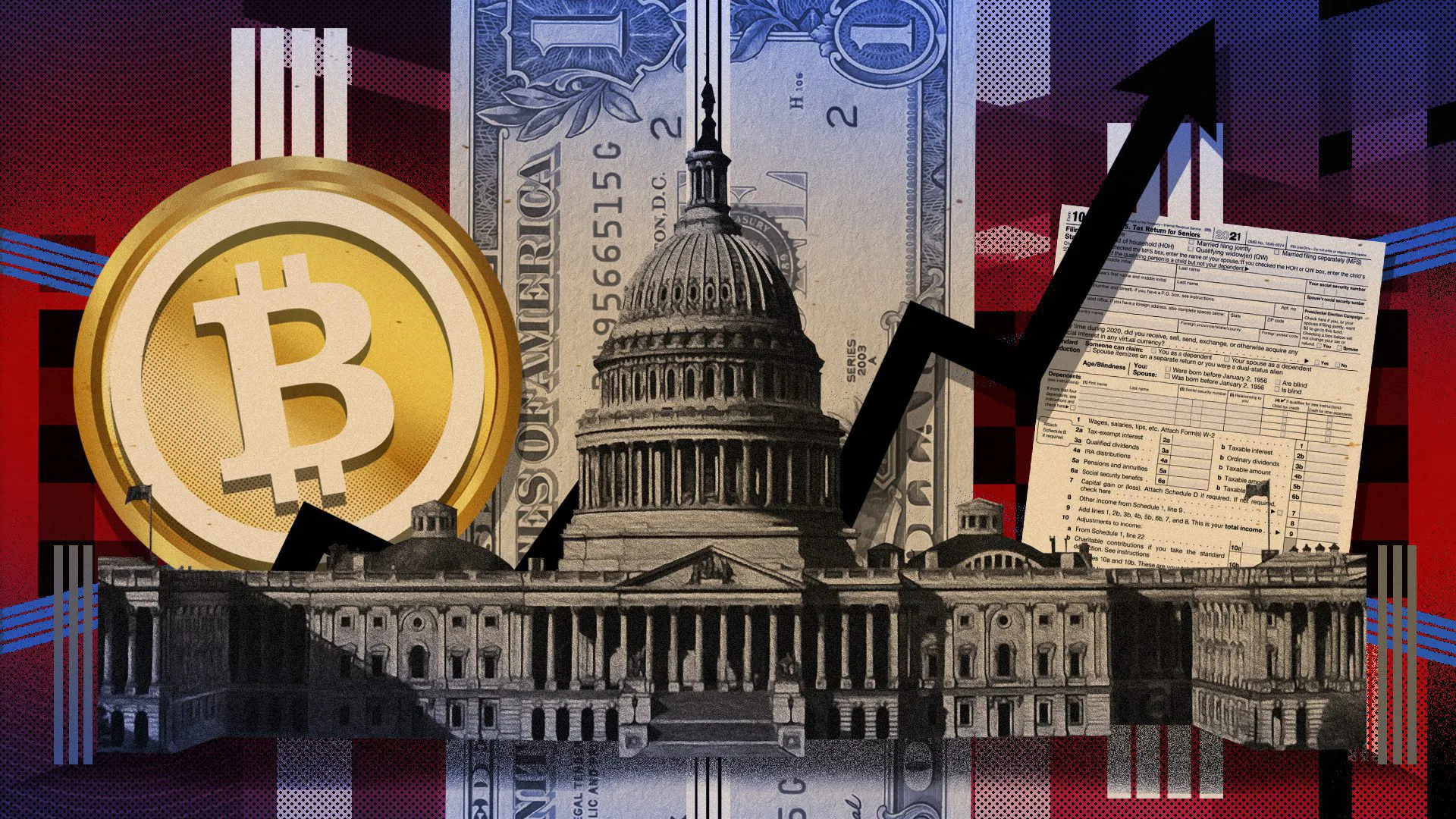 Illustration of a Bitcoin logo, US dollars, Bank of America building representing hedge against inflation