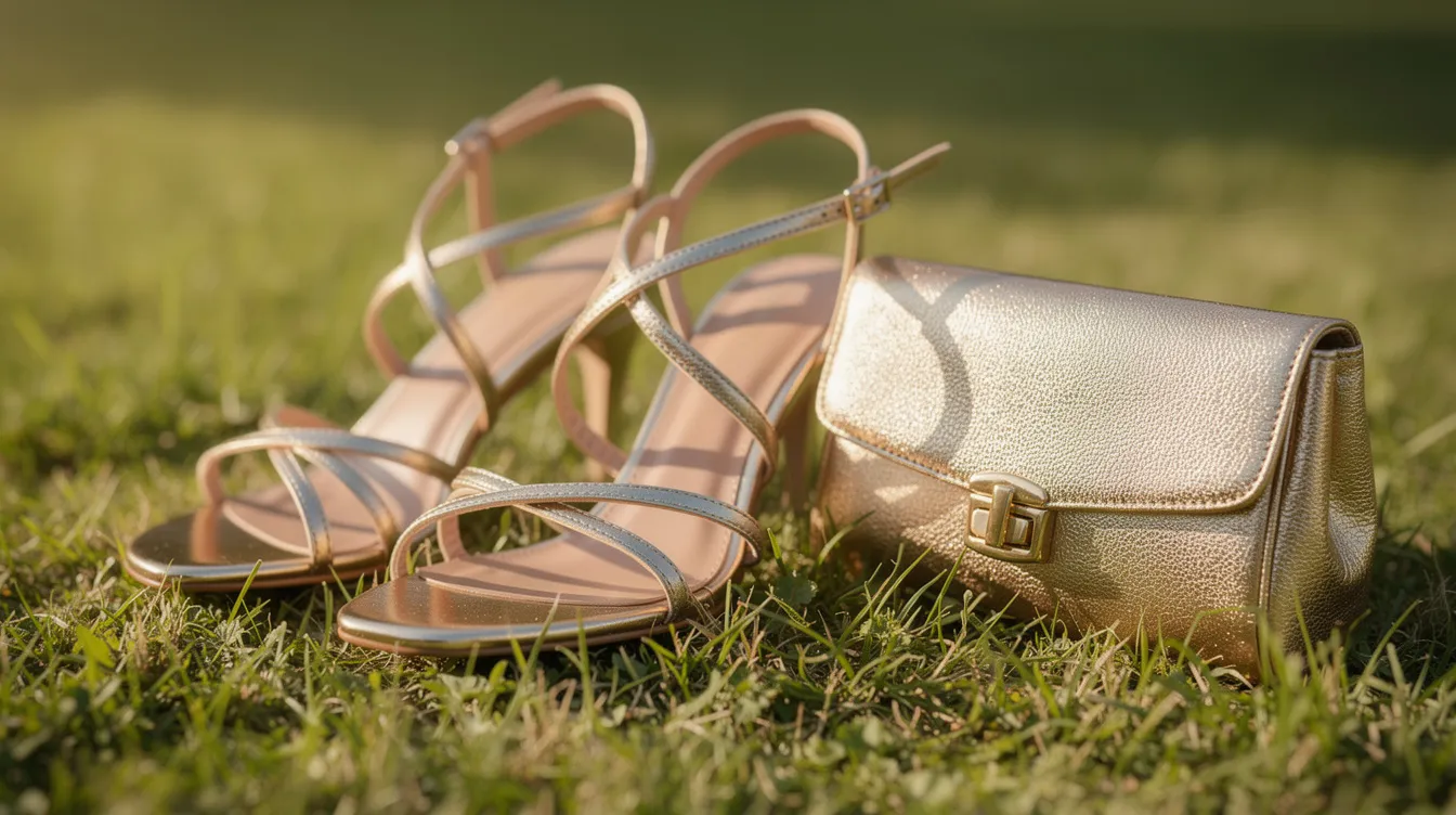 A close-up image features elegant strappy sandals paired with a small gold clutch bag, resting on a grassy lawn, ideal for a summer wedding guest outfit. The combination of chic accessories showcases a stylish and comfortable choice for casual summer weddings.