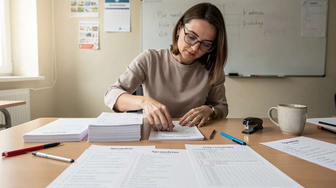 Na biurku nauczyciela leżą arkusze sprawdzianu z języka polskiego dla klasy 5, a obok znajduje się długopis oraz notatki z datą i przykładowymi zdaniami. Nauczyciel starannie przygotowuje materiały do oceny uczni&oacute;w.