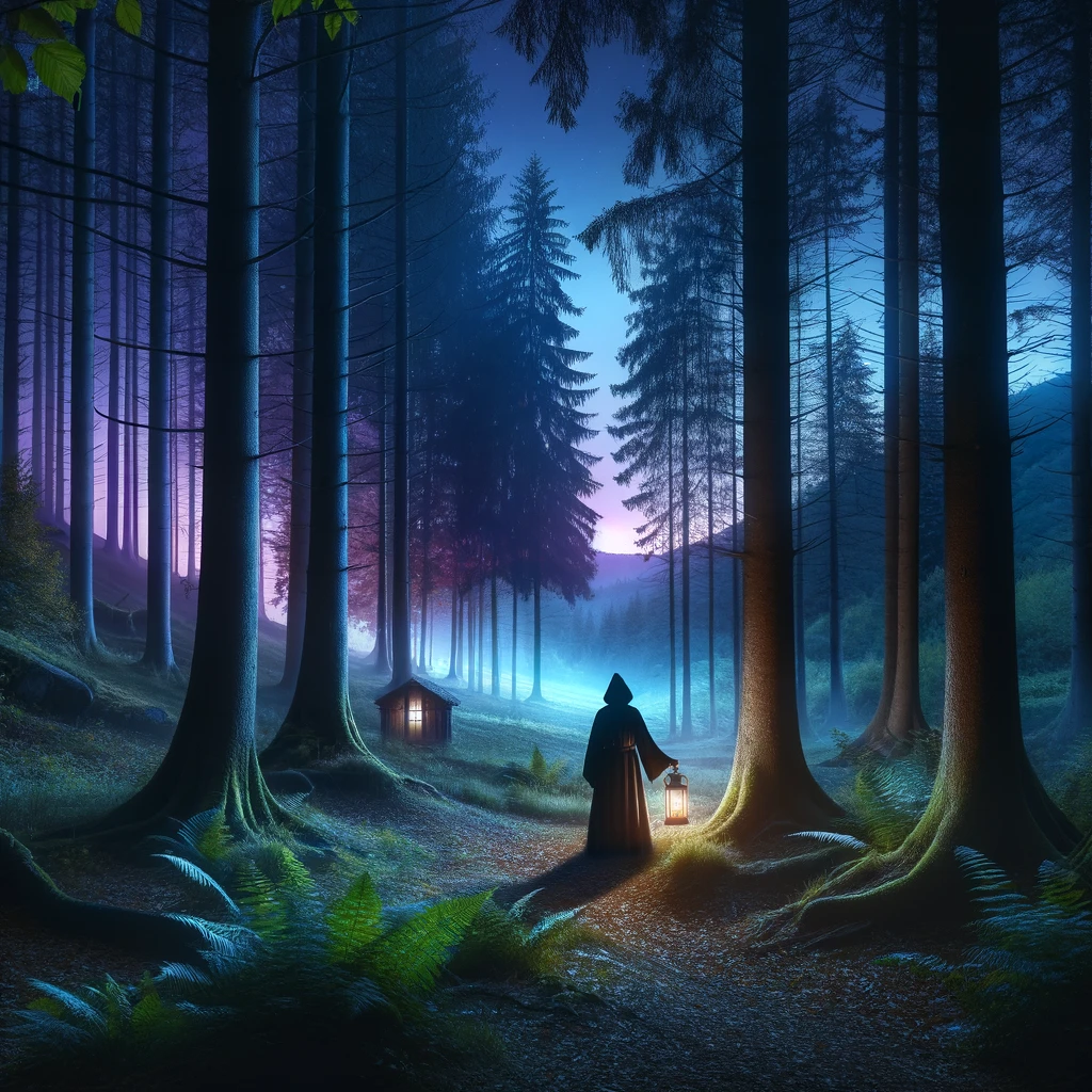 serene forest scene at twilight with a solitary figure at the entrance, symbolizing the beginning of a mystical journey