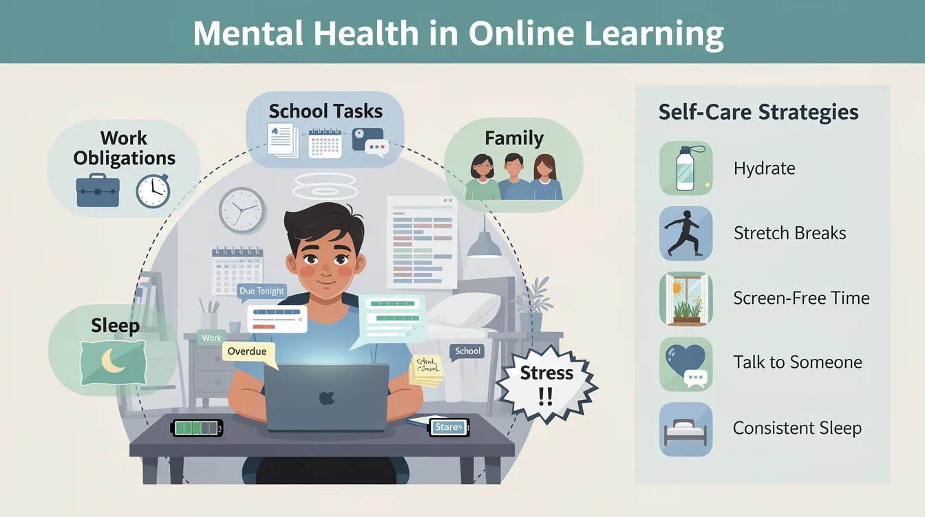 This infographic illustrates the challenges faced by college students balancing online courses, work obligations, and personal life, highlighting issues like burnout and screen fatigue. It emphasizes the importance of self-care, time management, and seeking support to maintain mental health and academic performance.