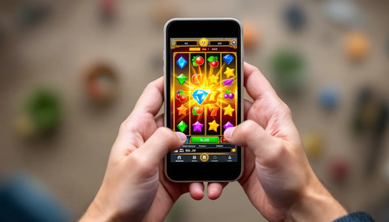 The image shows a pair of hands holding a smartphone that displays a vibrant slot game interface, featuring colorful graphics and engaging content. This scene suggests a moment of excitement and action, as the user is likely verifying their connection to continue enjoying the game.