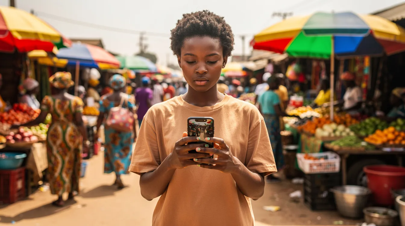 A person is holding a smartphone in a bustling Nigerian street market, surrounded by vibrant shop stalls filled with various goods. The scene captures the lively atmosphere of the market, while the individual appears to be accessing their Opay wallet on the device to manage funds or withdraw cash.