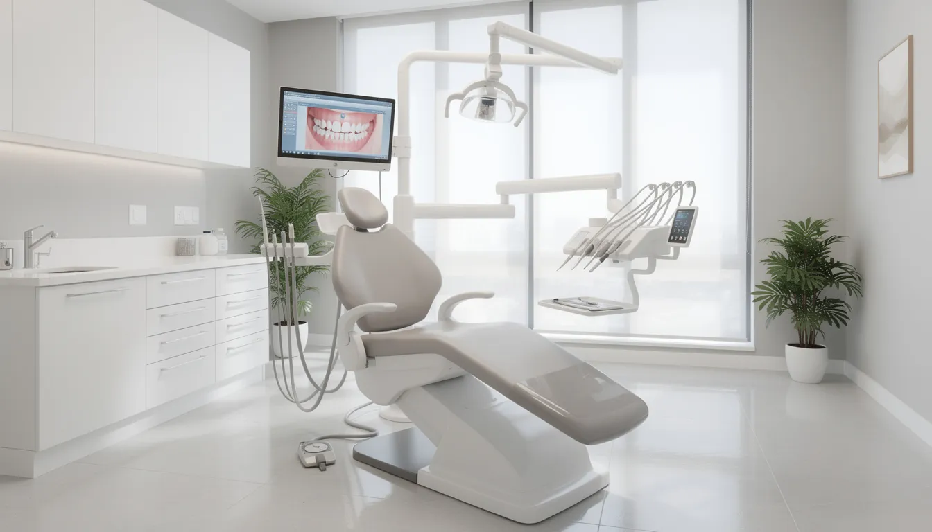 The image depicts a modern dental practice equipped with advanced tools and a clean, professional environment, designed to ensure optimal patient care and regulatory compliance. The facility emphasizes a focus on healthcare management services, creating an inviting space for patients and healthcare professionals alike.