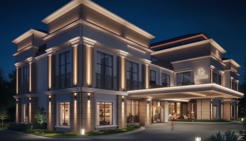 Visible columns of light shadows on building