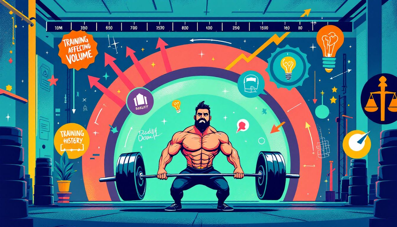 An illustration showing various factors affecting deadlift volume, including training history and experience level.