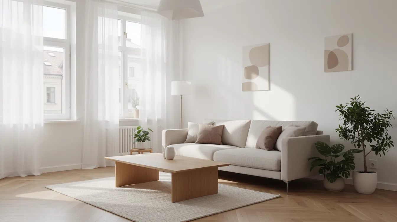 Ett ljust skandinaviskt vardagsrum med en soffa i naturmaterial, ett träbord och minimalistisk belysning skapar en harmonisk atmosfär. Rummet erbjuder inspiration för inredning med designmöbler från välkända varumärken, perfekt för att skapa ett stilrent hem.
