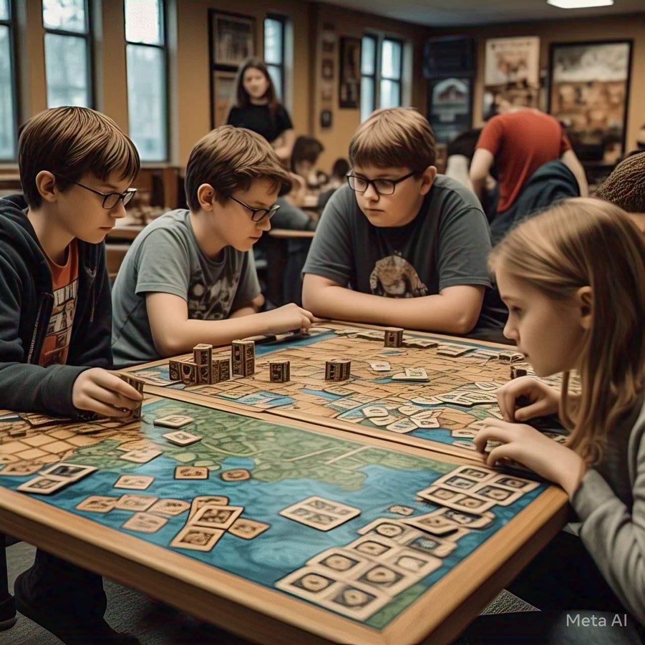 Kids aged 9-14 analyzing a board game, recognizing patterns