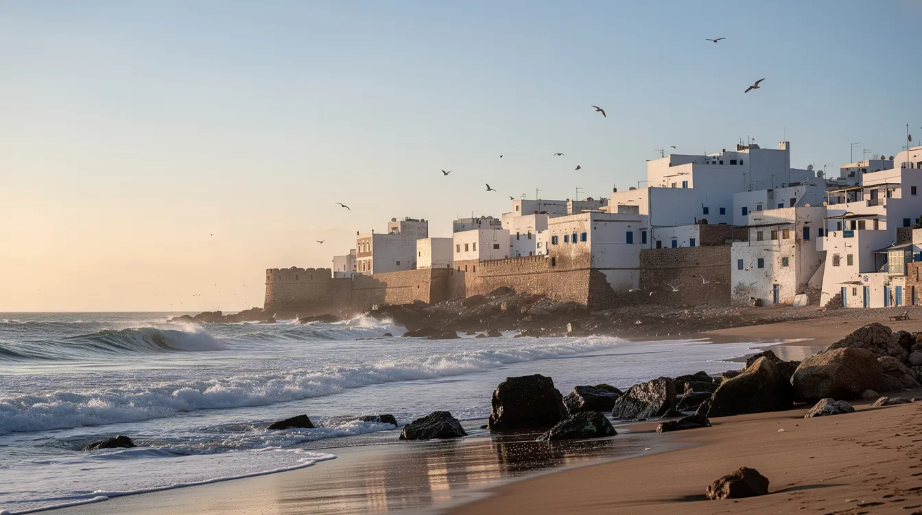 The image depicts Atlantic waves crashing against the shore beside a whitewashed Moroccan coastal town, bathed in the soft light of winter. The scene captures the cool weather of Morocco in January, highlighting the contrast between the vibrant coastline and the serene, sunlit buildings.