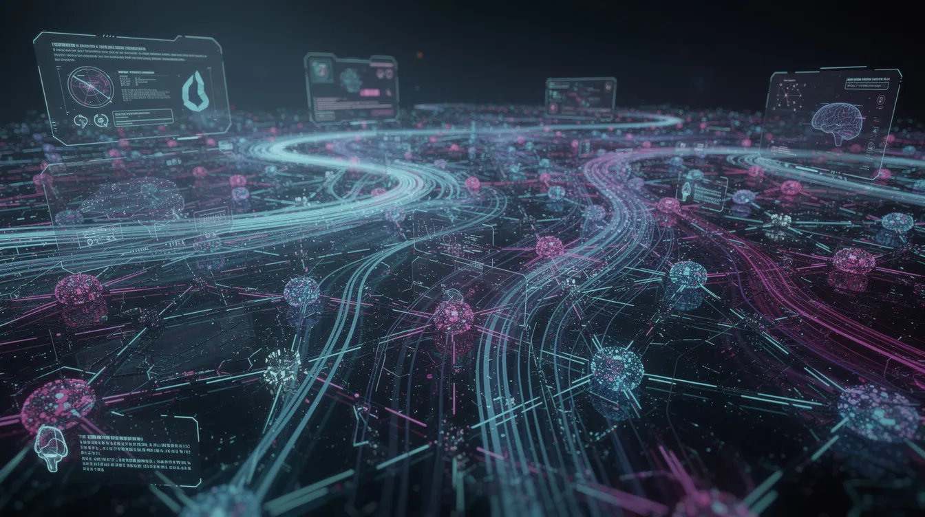 The image depicts a futuristic digital network, showcasing interconnected nodes that symbolize AI and data connections, representing a complex web of information flow. This visual metaphor highlights the importance of a strong digital presence and effective marketing strategies, akin to navigating relevant subreddits and optimizing for search engines.