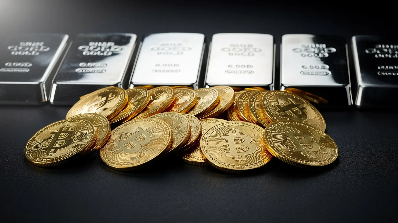 The image features a professional arrangement of gold coins and silver bars displayed on a dark surface, showcasing various premium coins and physical precious metals. This visually appealing setup highlights the value of investing in precious metals, such as gold and silver, for retirement savings through gold IRA accounts.