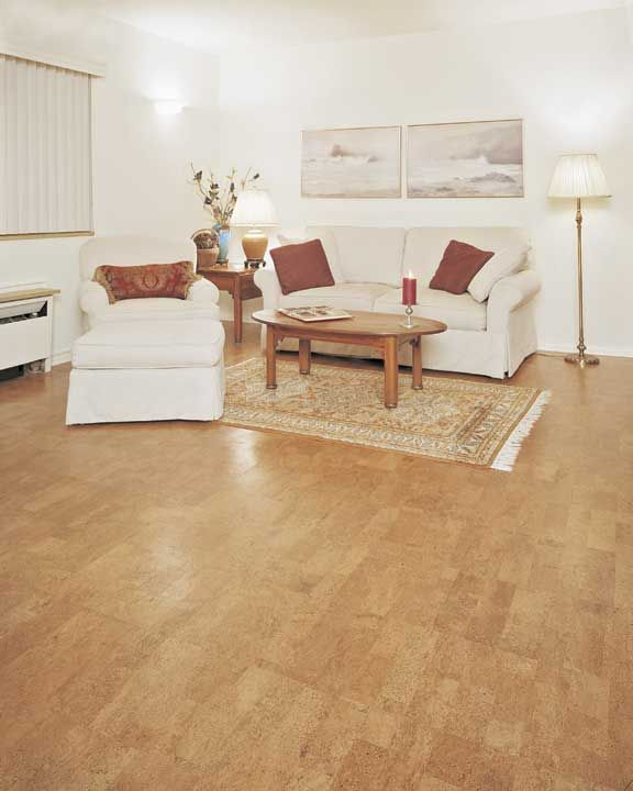 living room with cork flooring