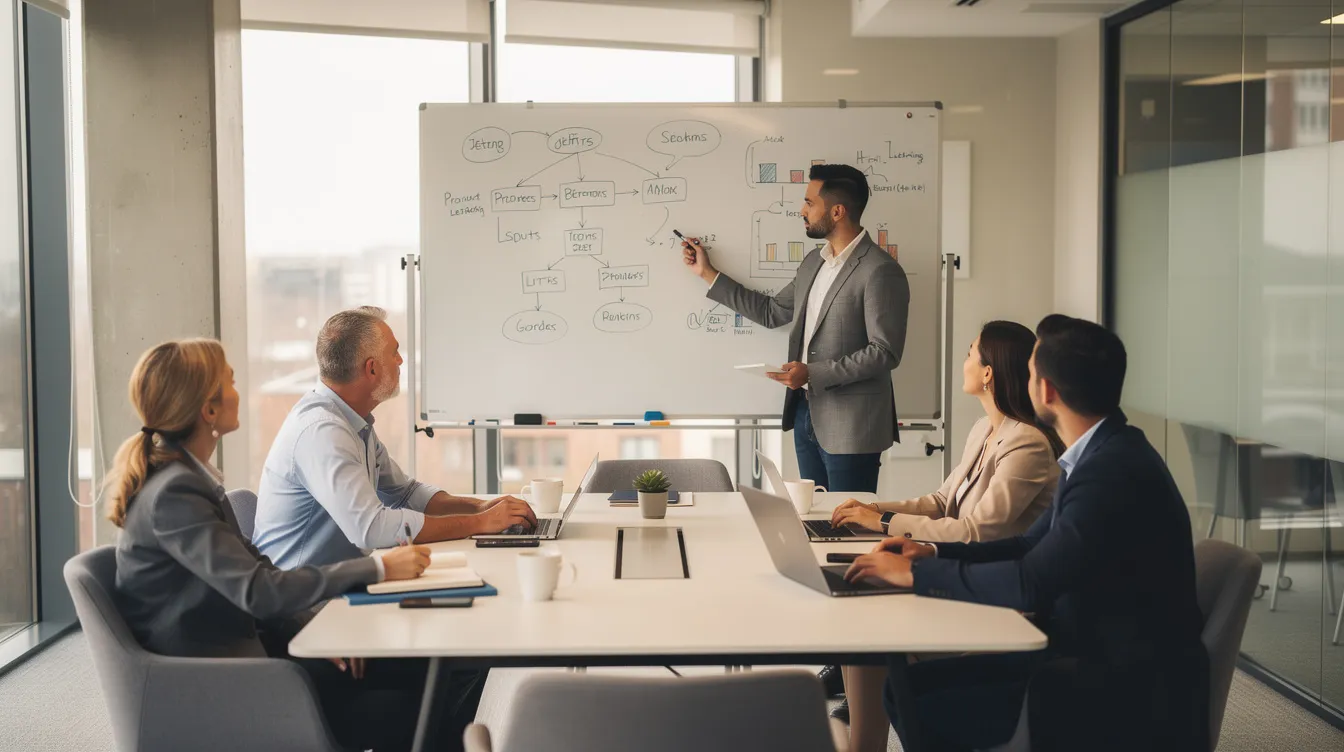 Une équipe de travail dynamique collabore autour d'un tableau blanc dans une salle de réunion, échangeant des idées sur la gestion des objections de vente. Ils utilisent des techniques de traitement des objections pour mieux comprendre les besoins de leurs clients et améliorer leur stratégie commerciale.