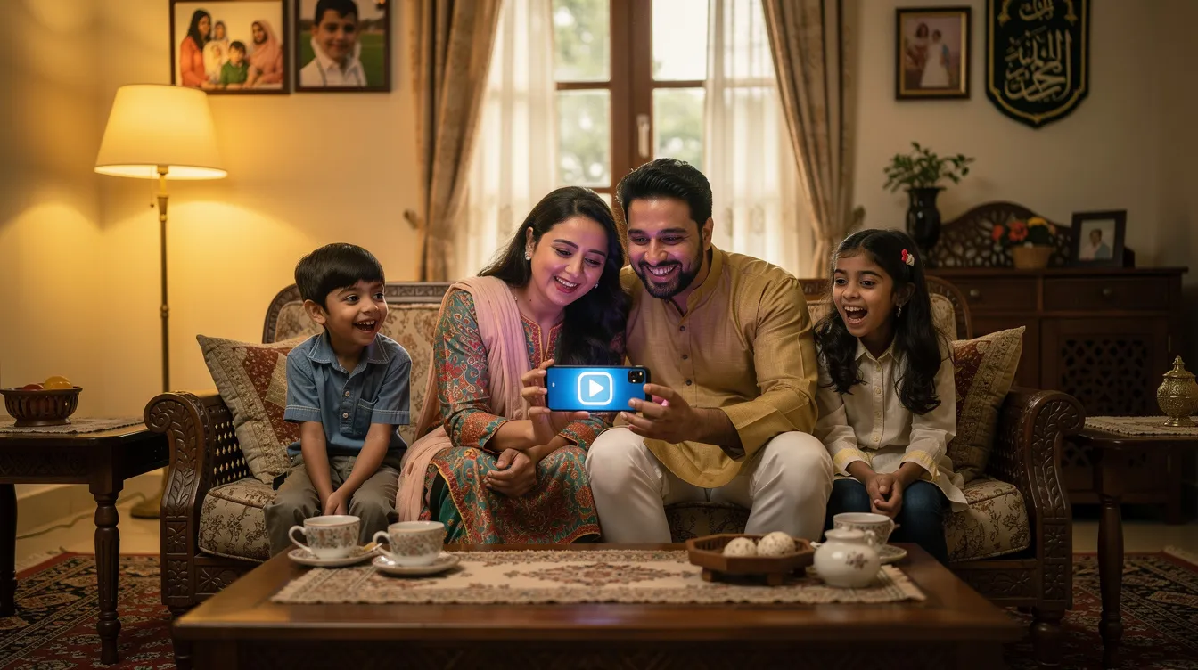 A happy family in a Pakistani home is gathered around a smartphone, excitedly looking at a notification related to their money transfer. The atmosphere is filled with joy as they celebrate the ease and security of sending money online through services like Faysal Bank, highlighting the convenience of financial transactions for overseas Pakistanis.