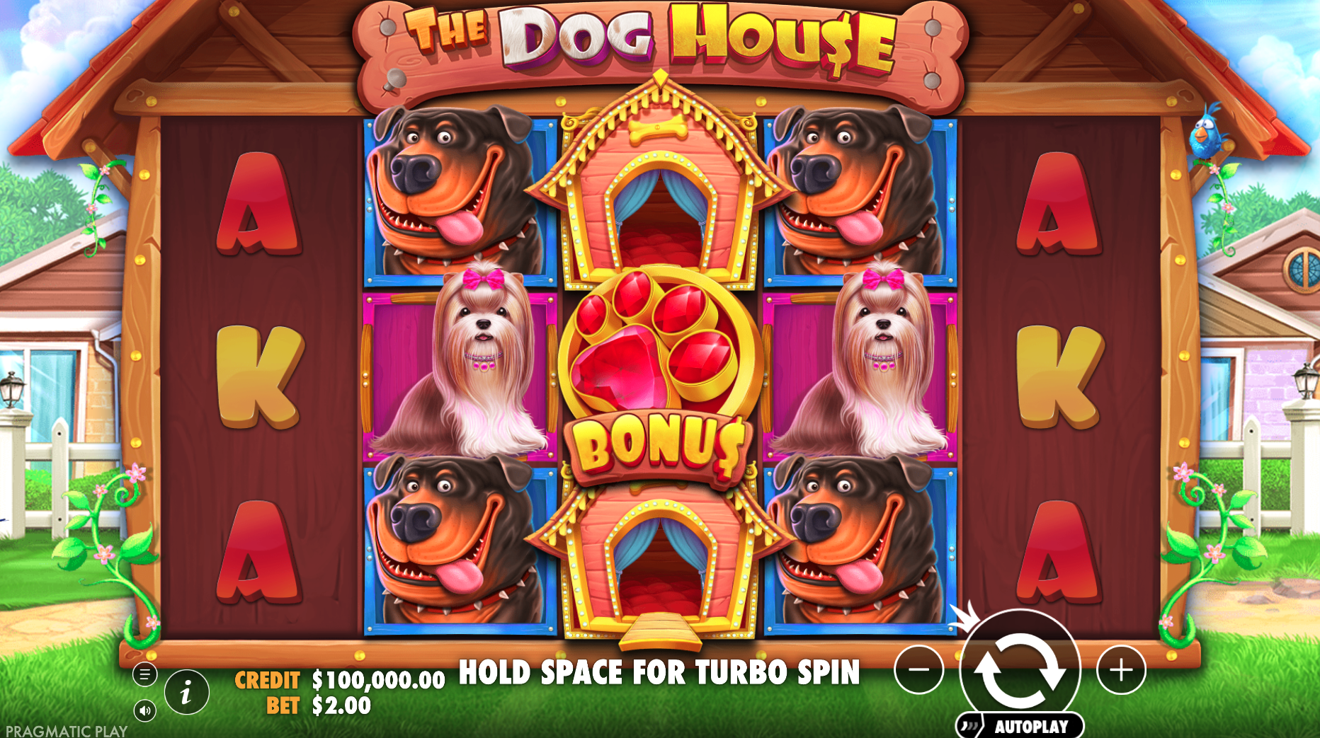 1. The Dog House gokkast van Pragmatic Play met hondensymbolen, bonus-symbool en kleurrijk speelveld.