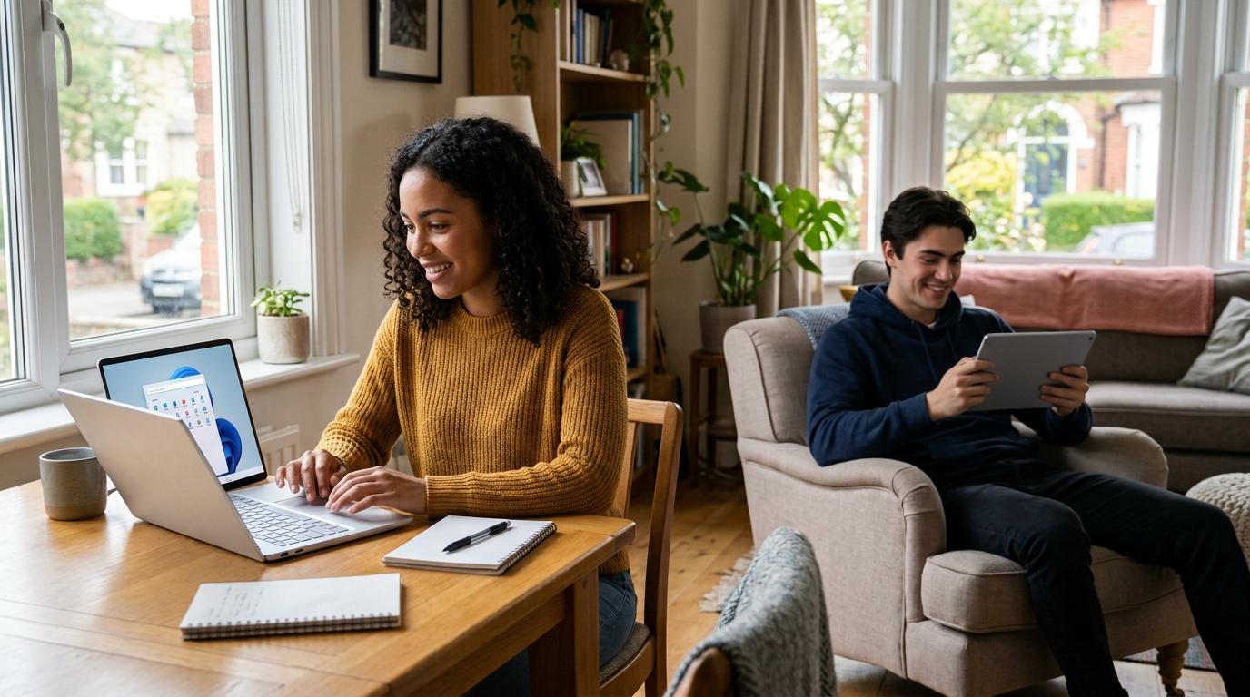 Student instantly accessing a cloud-hosted virtual desktop from a laptop while another connects from a tablet at home.