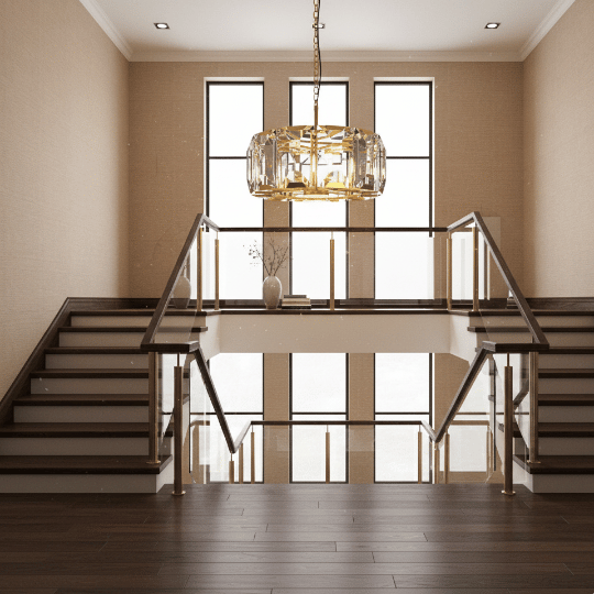 A crystal drum chandelier hangs above a split staircase with glass railings, creating a bright and luxurious focal point in the entryway. The large windows flood the space with natural light, enhancing the fixture’s sparkle and offering a refined example of small staircase lighting ideas.
