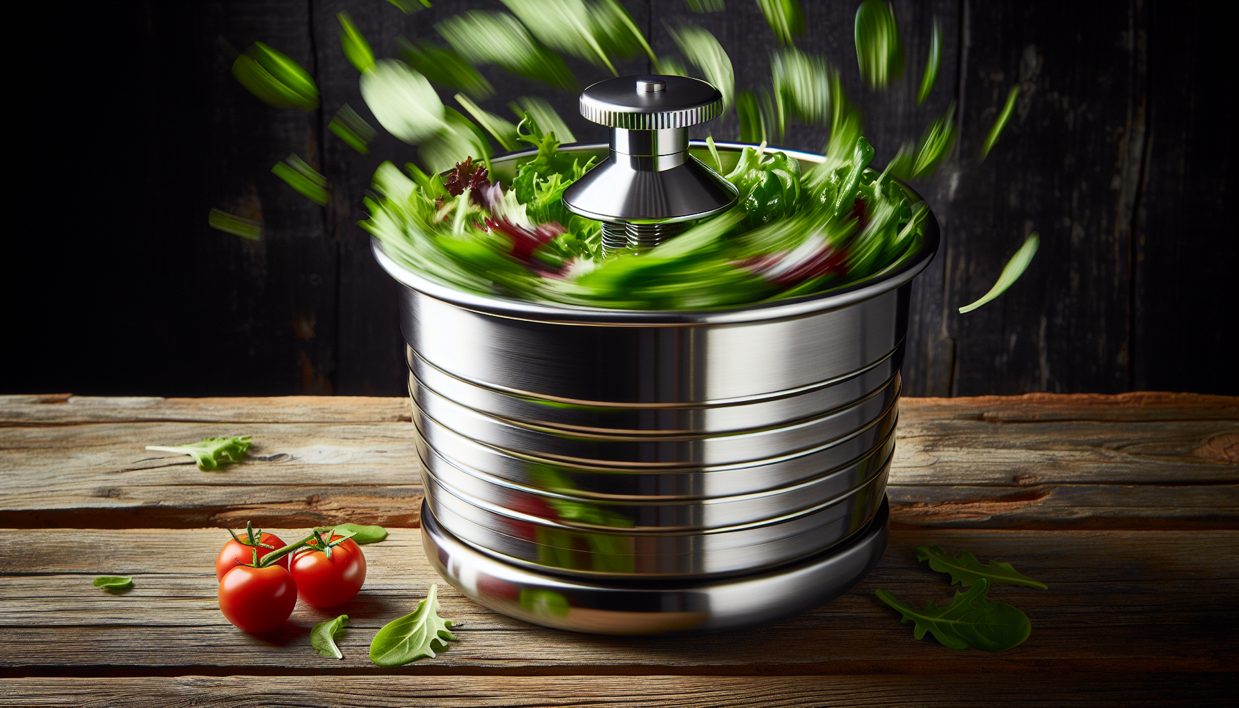 Stainless steel salad spinner with salad greens
