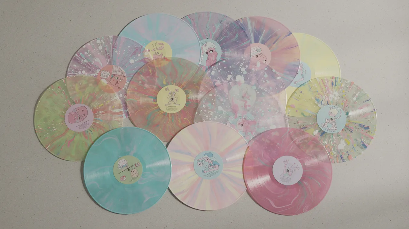 Eine Sammlung bunter Vinyl-Schallplatten ist fächerförmig ausgebreitet, wobei verschiedene Farben und Muster sichtbar sind. Die Aufnahme zeigt die Platten aus der Vogelperspektive und vermittelt ein Gefühl für die Vielfalt und den Klang der Musik, die sie repräsentieren.