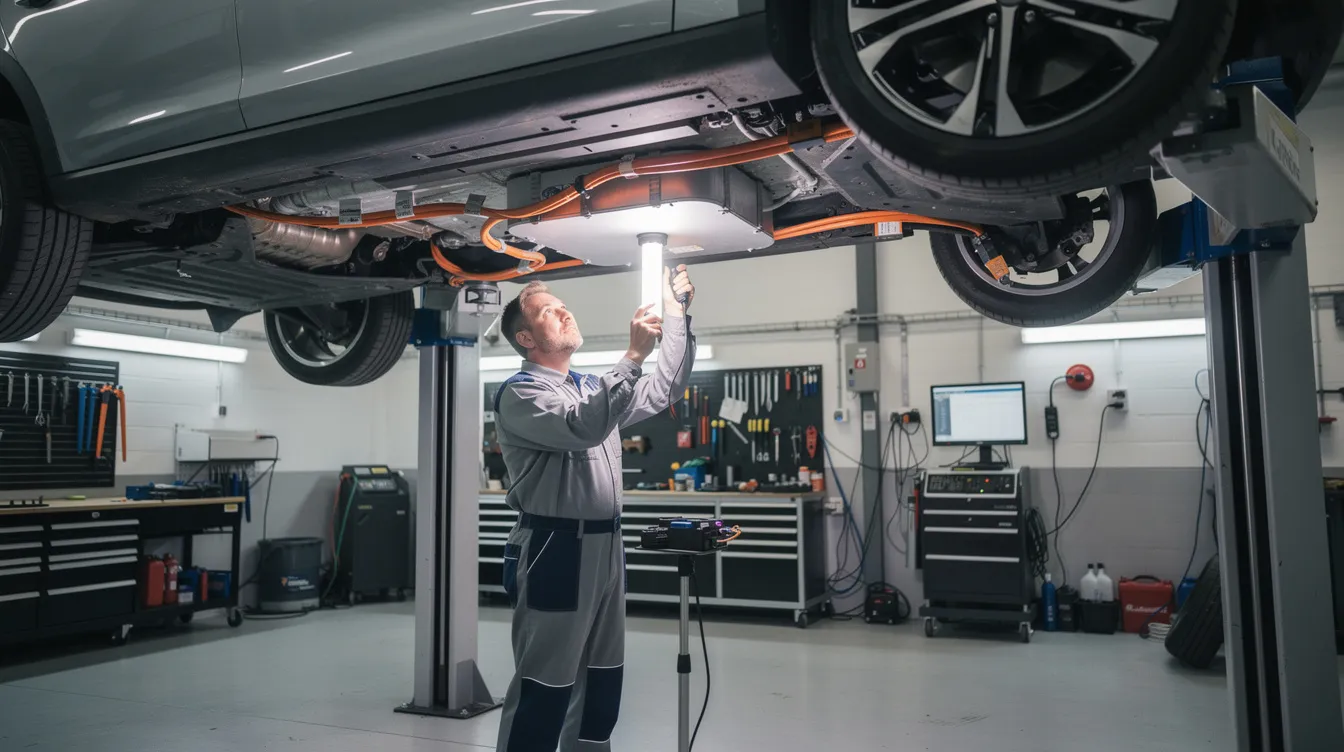 Na podnośniku znajduje się samochód elektryczny, a diagnostyk sprawdza jego podwozie, oceniając stan elementów mechanicznych oraz układu elektrycznego. Przegląd techniczny samochodu elektrycznego obejmuje również kontrolę systemów bezpieczeństwa i ewentualnych usterek.