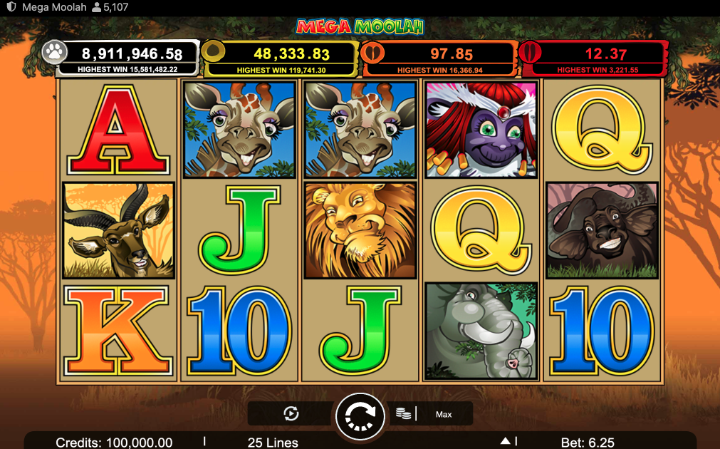 Mega Moolah jackpot slot med progressiv jackpott som växer mer för varje snurr och kan vinnas nästa gång