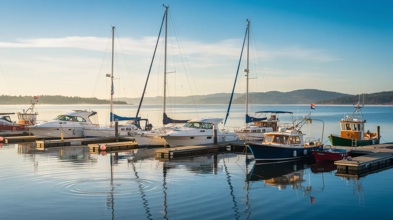 The image depicts several boats moored at a serene marina, basking in the sunlight on a clear morning, creating a perfect setting for a day on the water. This peaceful scene showcases various vessel types, ideal for boat rentals and yacht charters, inviting visitors to consider the best options for their next boating adventure.