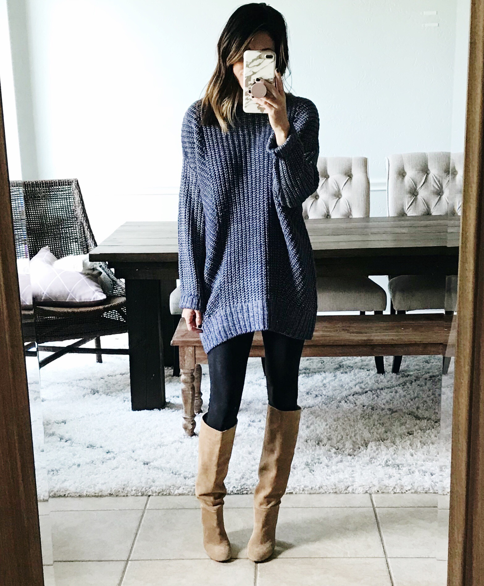 Fashioned For Living: leggings and cowboy boots outfit with shirt dress and  sweater cardigan