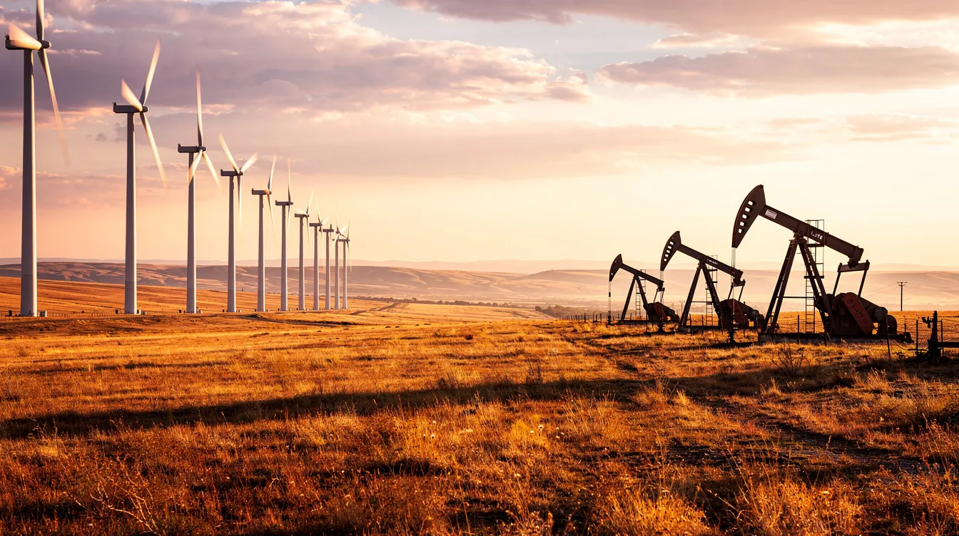 The image depicts a serene landscape at golden hour, showcasing several wind turbines alongside oil pump jacks on open plains, symbolizing the coexistence of renewable energy projects and traditional energy sources. This scene highlights the energy transition and the importance of thorough due diligence in managing regulatory compliance and environmental permits in the energy sector.
