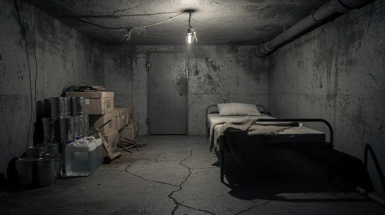 Der dunkle unterirdische Betonraum ist spärlich eingerichtet und enthält ein einfaches Feldbett sowie gestapelte Vorräte. Eine einzelne Glühbirne wirft schwaches Licht auf die kargen Wände, was an die bedrückenden Verhältnisse der Familie Kim aus dem Film "Parasite" erinnert.