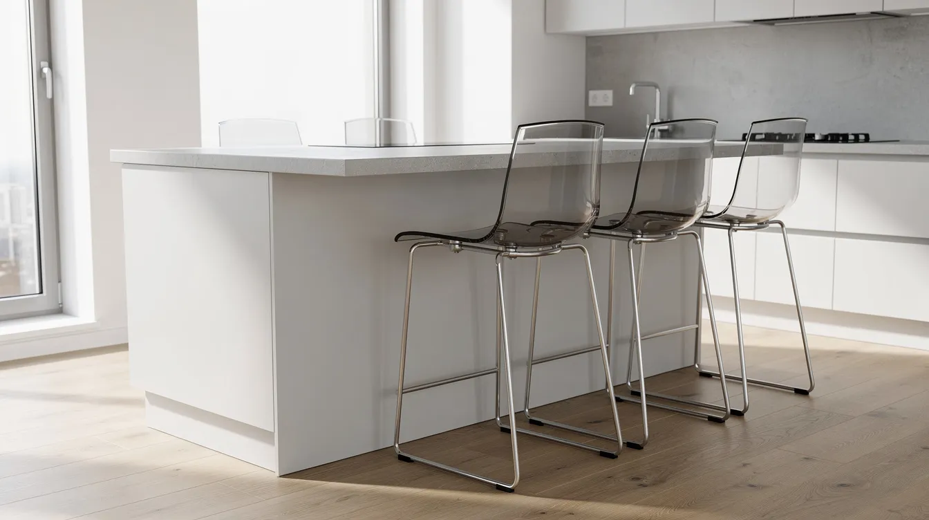 Bildbeskrivning: Moderna barstolar i transparent plast står vid en stilren köksö, vilket skapar en exklusiv och modern inredning. Stolarna har en italiensk design som erbjuder både stil och kvalitet, perfekt för ett elegant hem.