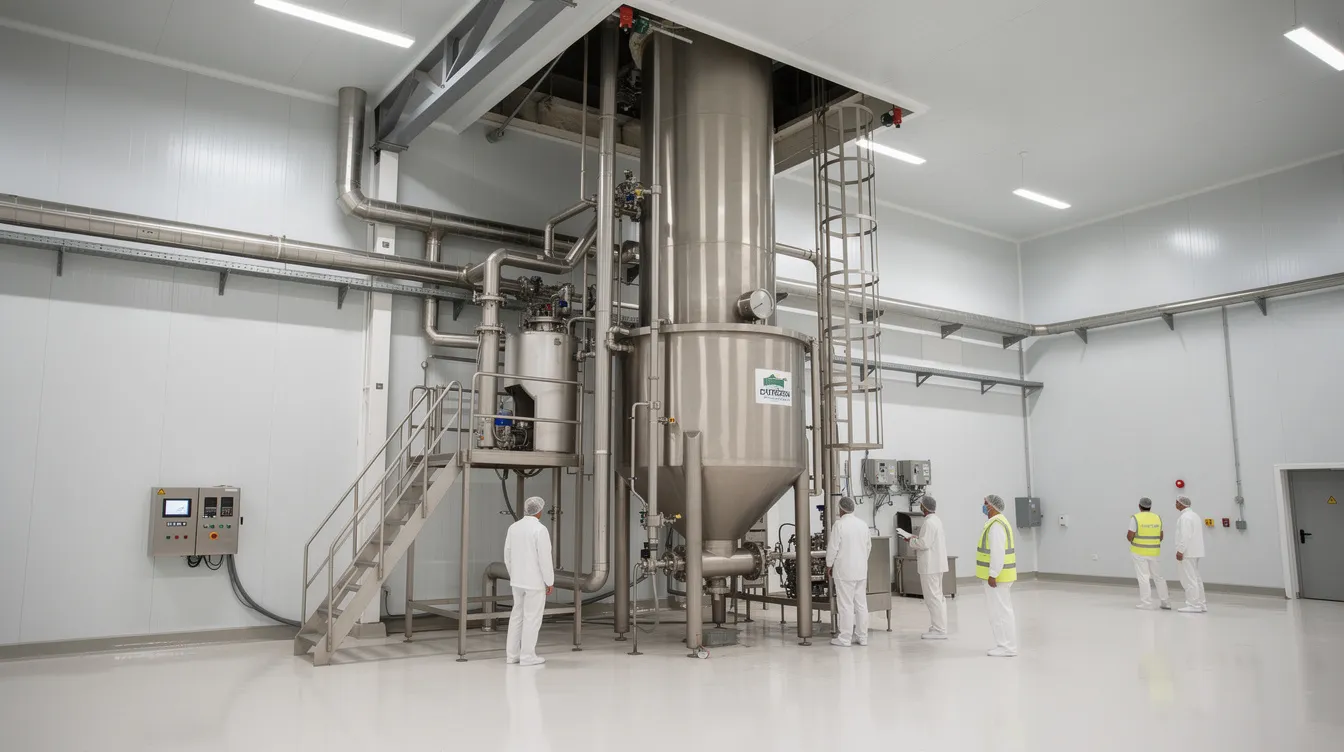 c9ccbdf4 196e 47b6 9a56 138b22b23921 The image depicts a large industrial spray drying tower within a modern dairy processing facility, which is essential for the manufacturing process of whey protein powder. The tower is surrounded by advanced machinery and technology, highlighting the importance of regulatory compliance and quality control in the whey protein powder industry.