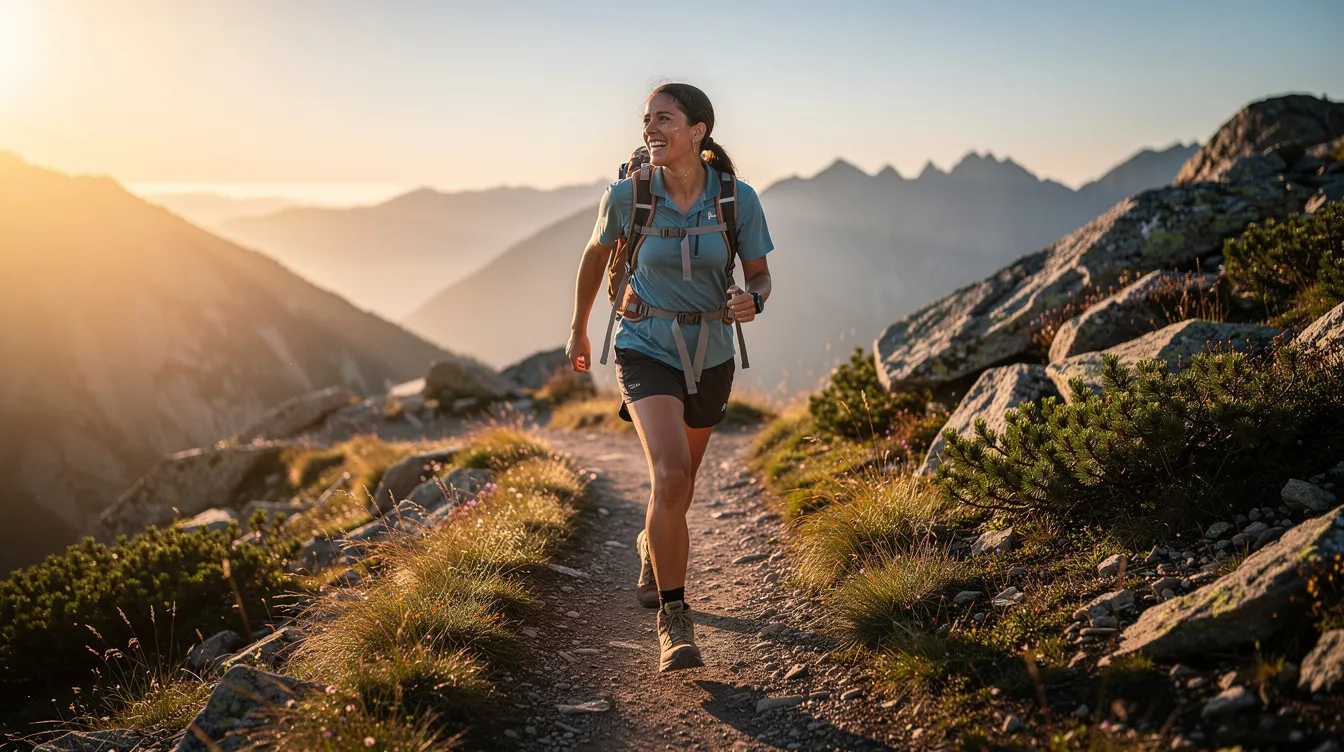 A person is hiking on a mountain trail bathed in morning sunlight, exuding energy and focus. This scene embodies the essence of maintaining mental clarity and cognitive function, showcasing the invigorating effects of outdoor activity on overall brain health.