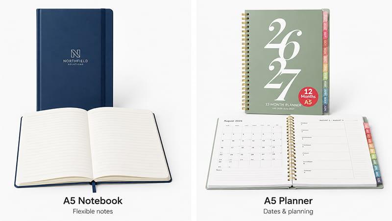 A5 notebook with lined pages beside an A5 planner with dated layouts