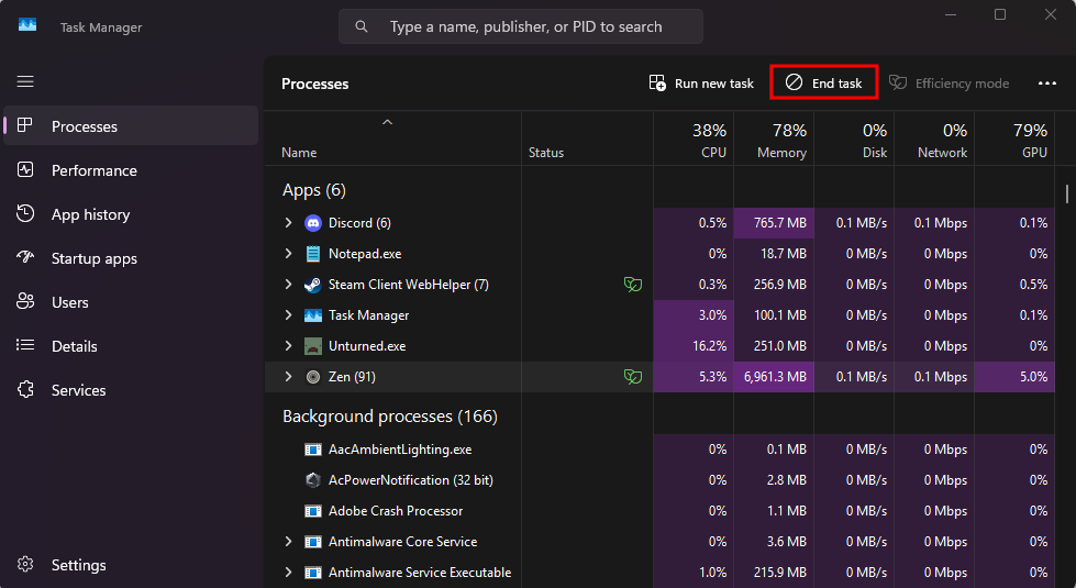 You can end processes by clicking on the process then click on the "End Task" button to terminate the process.