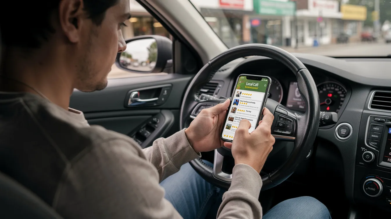 A person is sitting in a car, using a smartphone to read Google reviews of a local coffee shop. The individual is likely checking the business profile for details like the address and positive reviews to help potential customers find the best options in local search results.