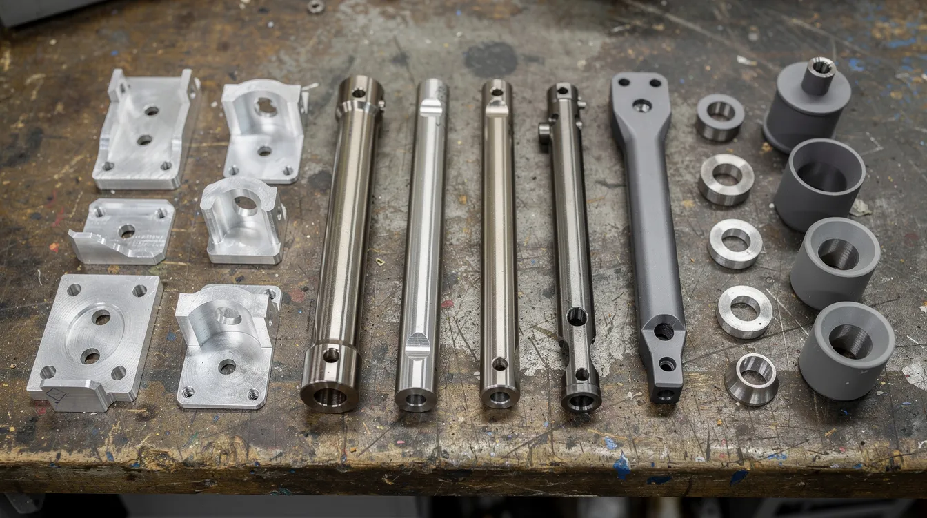 The image features a variety of CNC-machined parts displayed on a workbench, showcasing components made from aluminum, stainless steel, titanium, and plastic, highlighting the material versatility of CNC machining processes in modern manufacturing. These precise parts reflect the high standards of quality control and efficiency found in industries such as aerospace and automotive.