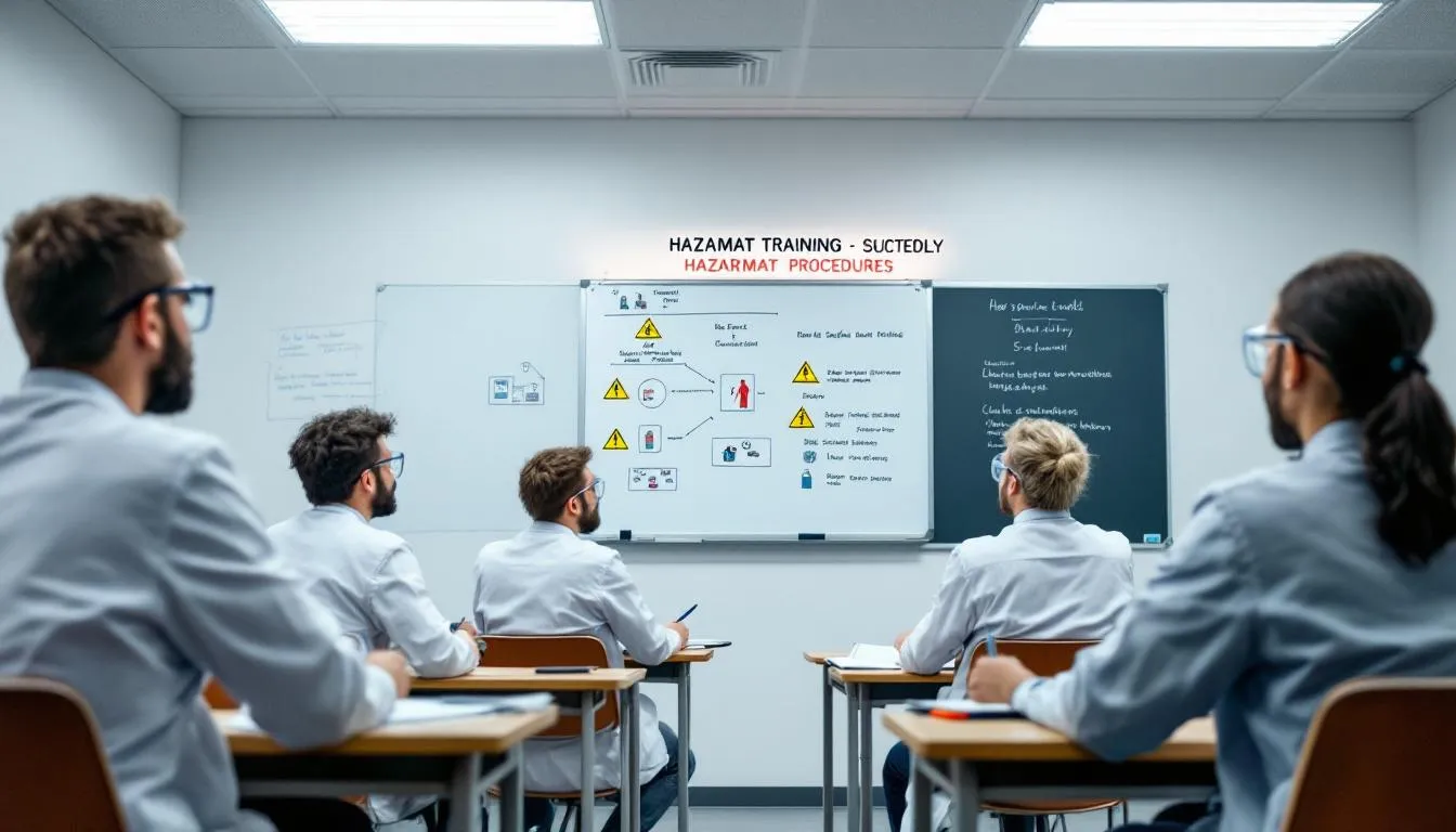 In a training classroom, students are engaged in learning hazmat procedures and safety protocols, equipped with personal protective equipment as they prepare for careers in crime scene cleanup and biohazard removal. The environment emphasizes the importance of handling potentially infectious materials and following safety protocols in various trauma scenes.