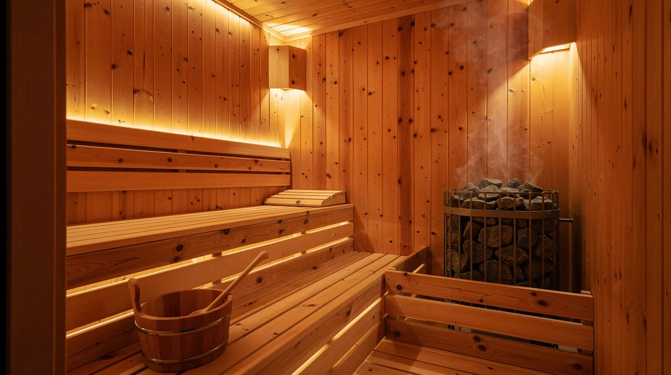 The image depicts the interior of a cedar sauna, featuring smooth wooden benches and warm amber lighting that creates a relaxing atmosphere. This inviting space, ideal for a sauna session, showcases the natural beauty of cedar construction, enhancing the overall sauna experience.