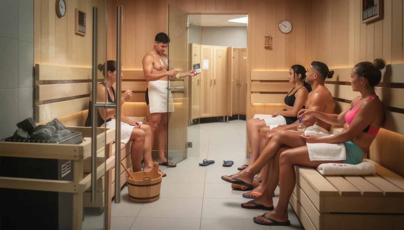 The image depicts athletes in a sauna, focusing on safety protocols during their sauna sessions. They are engaged in post-exercise recovery, emphasizing the importance of hydration and monitoring body temperature to maximize the health benefits of sauna use while enhancing their overall athletic performance.