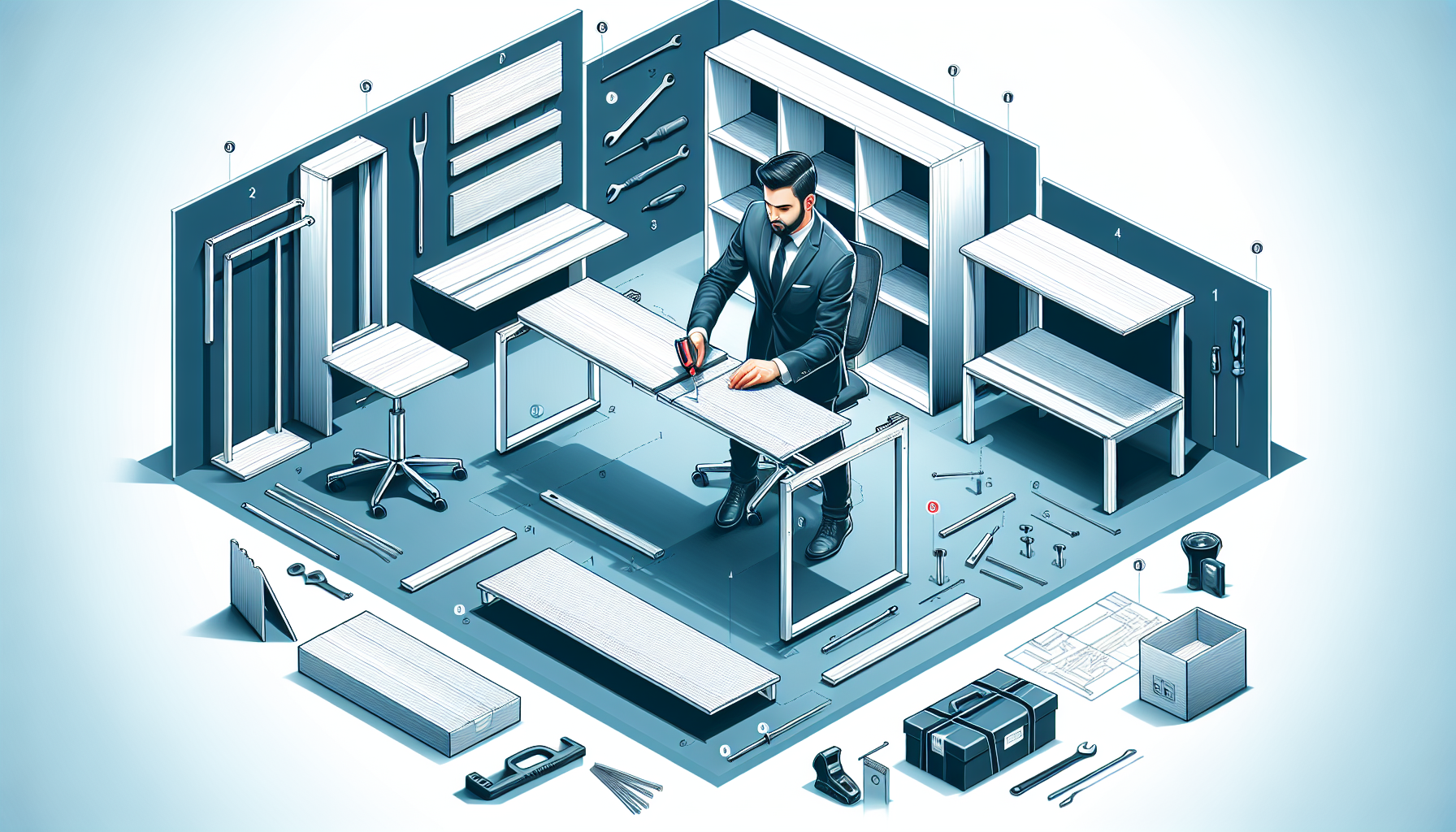 Illustration of a professional assembling office furniture