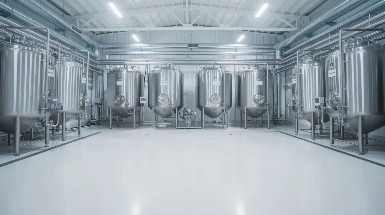 c9da4749 1a76 4c74 92cf ac5ed0a15742 The image depicts the interior of a modern dairy processing plant, featuring large stainless steel tanks and intricate piping systems essential for milk processing. This facility is designed to enhance milk yield and efficiency, supporting dairy entrepreneurs and cooperative societies in their production efforts.