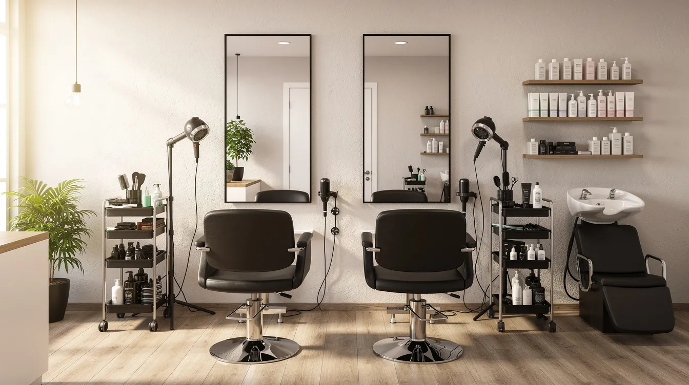 c9daa0bb e9b9 4253 85c0 4cf55eac3451 The image depicts a cozy beauty salon featuring several styling chairs and professional equipment, creating an inviting atmosphere for clients. This small business space is ideal for entrepreneurs looking to establish their services and attract target customers, making it a potential subject for a detailed project report in a mudra loan project.