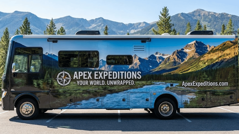 glossy vinyl-wrapped RVs with advertisement