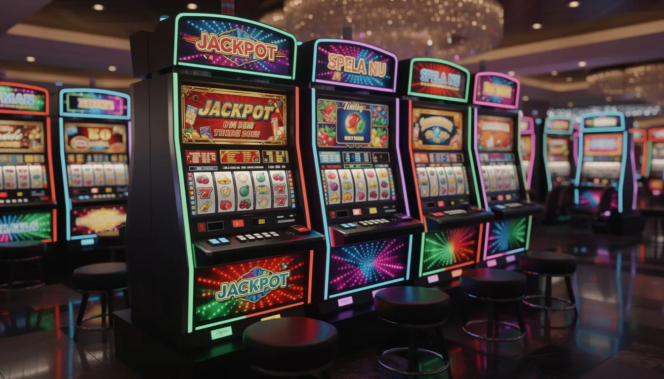 En bild av färgglada spelautomater med blinkande ljuseffekter som fångar uppmärksamheten hos spelare. Dessa spelautomater, som finns hos turbonino, erbjuder en spännande spelupplevelse med många olika slots och bonusar.