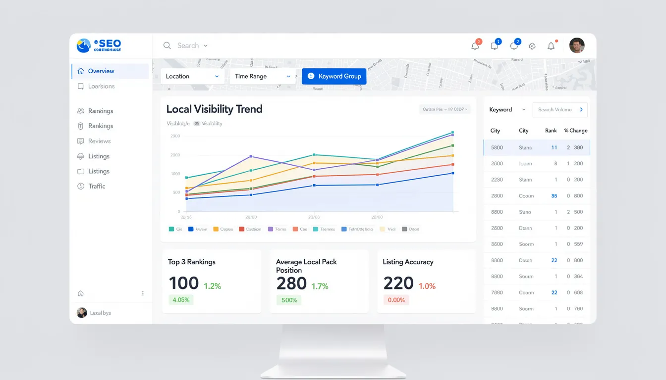 Interfaz de un panel de control que muestra métricas de rendimiento del SEO local, incluyendo gráficos y estadísticas sobre palabras clave locales, tráfico web y resultados de búsqueda en Google. Este diseño permite a los negocios locales evaluar su estrategia de SEO y mejorar su visibilidad en motores de búsqueda.