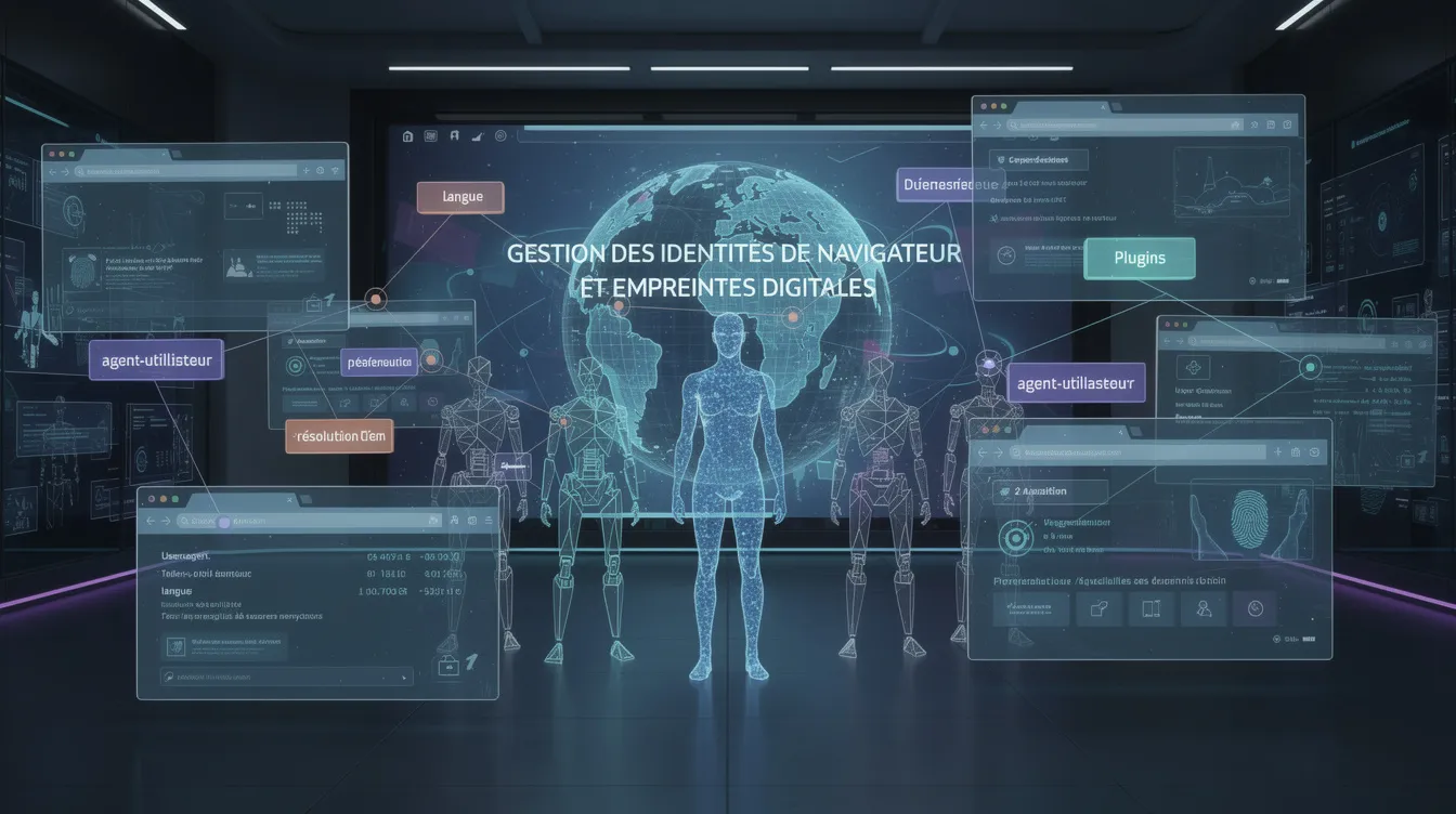 L'image illustre le concept de gestion des identités de navigateur, mettant en avant des éléments clés comme les empreintes digitales, l'analyse des paramètres de langue et la configuration des plugins. On y voit un diagramme représentant la manière dont les sites web utilisent ces informations pour différencier les utilisateurs légitimes des agents automatisés, tout en renforçant la sécurité des serveurs web.