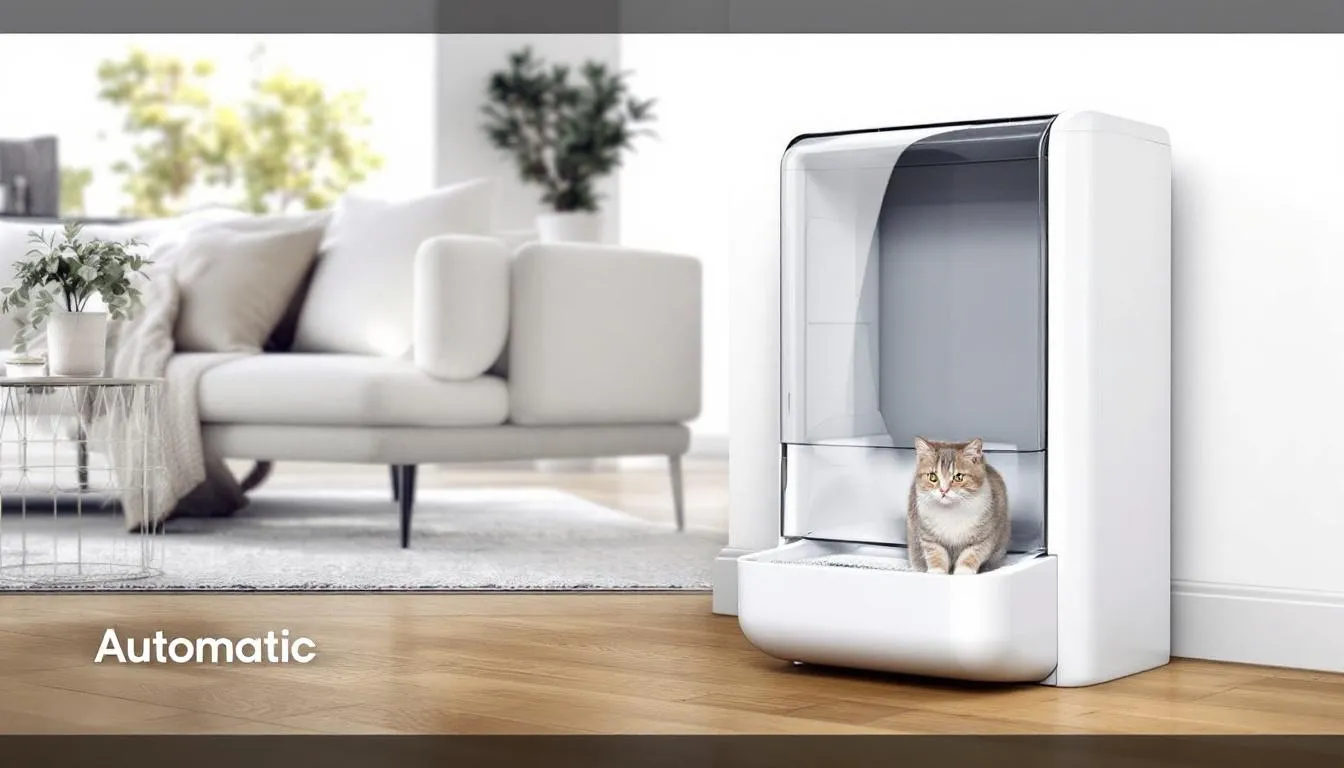 In de afbeelding zien we een automatische kattenbak in een modern interieur, omringd door stijlvolle meubels. De kattenbak is ontworpen voor gemak en hygiëne, terwijl de ruimte een eigentijdse sfeer uitstraalt.