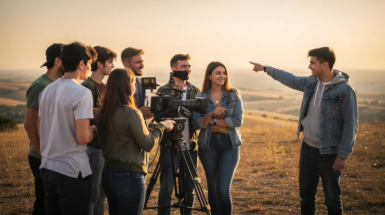 Eine Gruppe junger Menschen steht in einem offenen Raum und dreht mit einer Videokamera auf einem Stativ. Einer von ihnen zeigt auf den Horizont, während die anderen aufmerksam zuschauen, was an eine Szene aus einer Komödie erinnert.